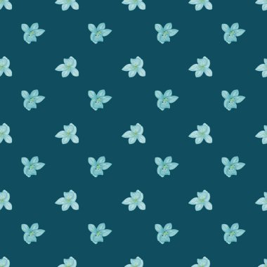 Mavi küçük orkide çiçek şekilli klasik dikişsiz desen. Lacivert arka plan. Çiçek arkaplanı. Mevsimlik tekstil baskıları, kumaş, afişler, arkaplanlar ve duvar kağıtları için vektör illüstrasyonu.