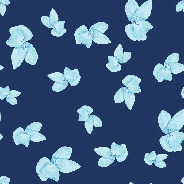 Contrast Seamless Creative Pattern Botanic Random Blue Orchid Flowers Print — Stock Vector