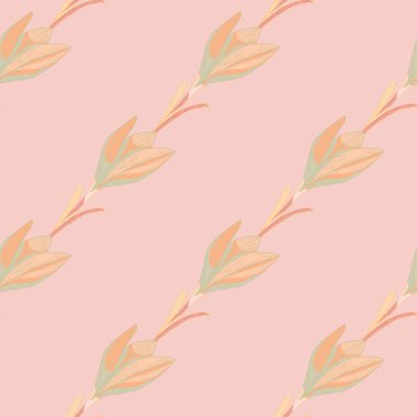 Minimalist çiçek desenli, krokus çiçeği izli. Pembe ve turuncu arkaplan. Kağıt ve kumaş dokuları için grafiksel tasarım. Vektör İllüstrasyonu.