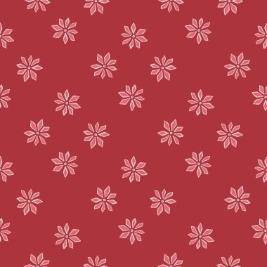 Geometrik stil, pembe karanfil desenli, soyut, dikişsiz desen. Kırmızı arka plan. Stok çizimi. Tekstil, kumaş, hediye paketi, duvar kağıtları için vektör tasarımı.