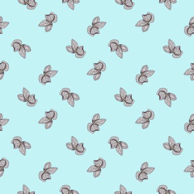 Gri küçük orkide çiçekleri elle çizilmiş şekillerde kusursuz desenler oluşturur. Açık mavi arkaplan. Kağıt ve kumaş dokuları için grafiksel tasarım. Vektör İllüstrasyonu.