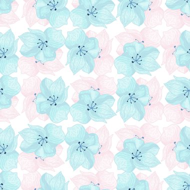 Mavi çiçek elementleriyle desensiz çiçek deseni. Beyaz arkaplanda orkide şekilleri. Kağıt ve kumaş dokuları için grafiksel tasarım. Vektör İllüstrasyonu.