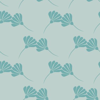 Geometrik stil, çiçek silueti izli, pürüzsüz desen. Mavi pastel palet botanik çizimi. Mevsimlik tekstil baskıları, kumaş, afişler, arkaplanlar ve duvar kağıtları için vektör illüstrasyonu.