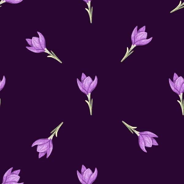 Minimalistisch Naadloos Doodle Patroon Met Heldere Lila Krokus Bloemvormen Donkerpaarse — Stockvector