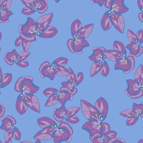 Сад Бесшовный Рисунок Ботаническими Фиолетовыми Случайными Цветами Орхидеи Синем Фоне — стоковый вектор