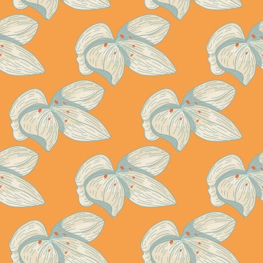 Taslak çizgili klasik dikişsiz desen. Gri orkide çiçek elementleri. Turuncu arka plan. Kağıt ve kumaş dokuları için grafiksel tasarım. Vektör İllüstrasyonu.