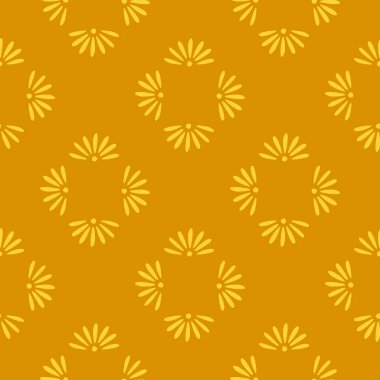 Geometrik stil, papatya şeklindeki siluetlerle kusursuz doğa deseni. Turuncu arka plan. Sarı bahar sanat eserleri. Tekstil, kumaş, hediye paketi, duvar kağıtları için düz vektör baskısı. Sonsuz illüstrasyon.