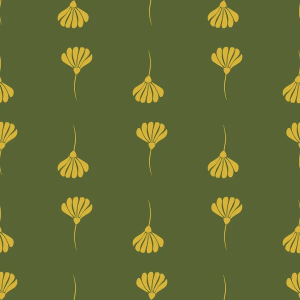 黄色のシンプルなスタイルの花のシルエットシームレスなドアパターン 緑のオリーブの背景 花の背景 季節のテキスタイルプリント ファブリック バナー 背景や壁紙のためのベクトルイラスト — ストックベクタ