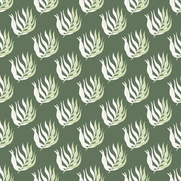 花型无缝图案 叶色为白色分枝形 苍白的绿色背景 简单的风格 壁纸等的平面矢量印刷 无穷无尽的例证 — 图库矢量图片