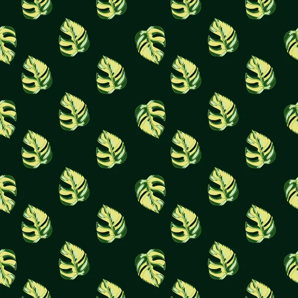 緑のモンスターの葉の印刷と手描きスタイルで熱帯コントラストシームレスなパターン 黒の背景 ファブリックデザイン テキスタイルプリント ラッピング カバー用に設計されています ベクターイラスト — ストックベクタ
