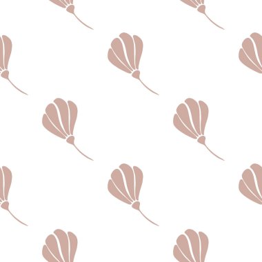 Doğada, bej renkli çiçek siluetleriyle izole edilmiş, kusursuz bir desen. Beyaz arka plan. Mevsimlik tekstil baskıları, kumaş, afişler, arkaplanlar ve duvar kağıtları için vektör illüstrasyonu.