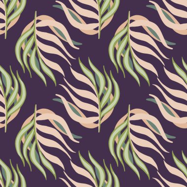 Süssüz dekoratif desen ve karalama yaratıcı yaprak dalları süsü. Mor arka plan. Tekstil, kumaş, hediye paketi, duvar kağıtları için düz vektör baskısı. Sonsuz illüstrasyon.