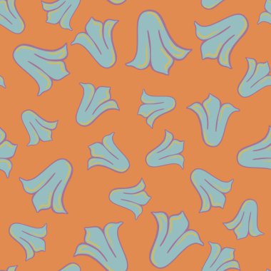 Mavi karalamalı lale tomurcukları olan soyut, kusursuz desen. Turuncu arka plan. Tekstil, kumaş, hediye paketi, duvar kağıtları için düz vektör baskısı. Sonsuz illüstrasyon.