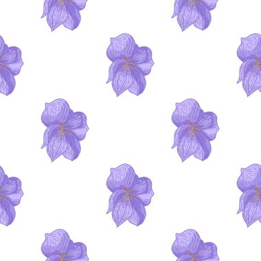 Mavi çiçek siluetleriyle izole edilmiş karalama deseni. Beyaz arka plan. Çiçek arkaplanı. Kağıt ve kumaş dokuları için grafiksel tasarım. Vektör İllüstrasyonu.