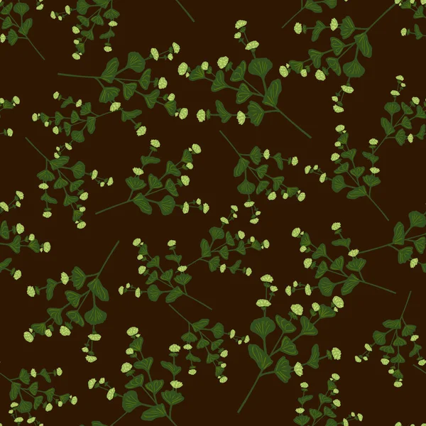 Willekeurige Groene Wilde Bloemen Ornament Naadloos Patroon Donkerbruine Achtergrond Eenvoudige — Stockvector