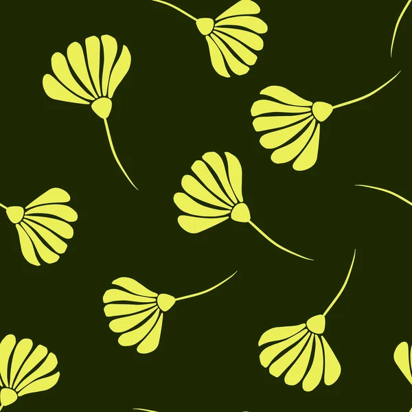 ランダムな薄黄色の花の形でシームレスなパターンをスクラップブック 濃い緑色の背景 季節のテキスタイルプリント ファブリック バナー 背景や壁紙のためのベクトルイラスト — ストックベクタ