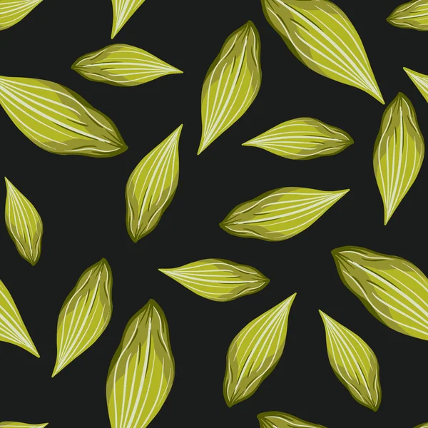 Abstract Naadloos Patroon Met Groene Bladelementen Zwarte Achtergrond Willekeurige Botanische — Stockvector