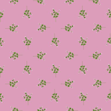 Küçük yeşil kır çiçekleri karalama tarzında kusursuz desenler çizerler. Pembe arka plan. Yaz çiçeği baskısı. Kağıt ve kumaş dokuları için grafiksel tasarım. Vektör İllüstrasyonu.