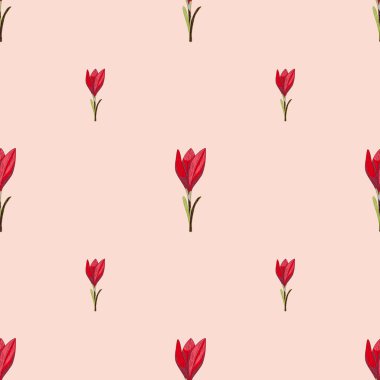 Kırmızı botanik çiçeği siluetleri, kusursuz karalama desenleri. Pastel pembe arka plan. Karalama arkaplanı. Kağıt ve kumaş dokuları için grafiksel tasarım. Vektör İllüstrasyonu.