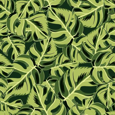 Çiçeksiz desenli, elle çizilmiş yeşil canavarımsı tropik yapraklar. Siyah arka plan. Soyut baskı. Kumaş tasarımı, tekstil baskısı, ambalaj, kapak için harika. Vektör illüstrasyonu.