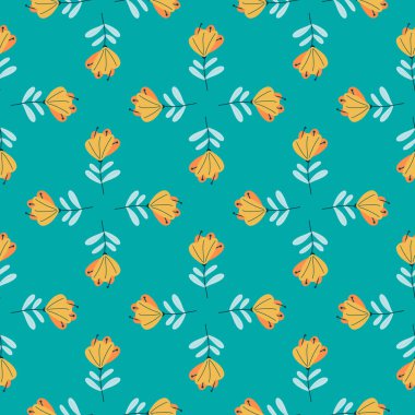 Parlak turuncu çiçekler basit siluetler karalama tarzında kusursuz desenler. Mavi arka plan. Geometrik baskı. Stok çizimi. Tekstil, kumaş, hediye paketi, duvar kağıtları için vektör tasarımı.