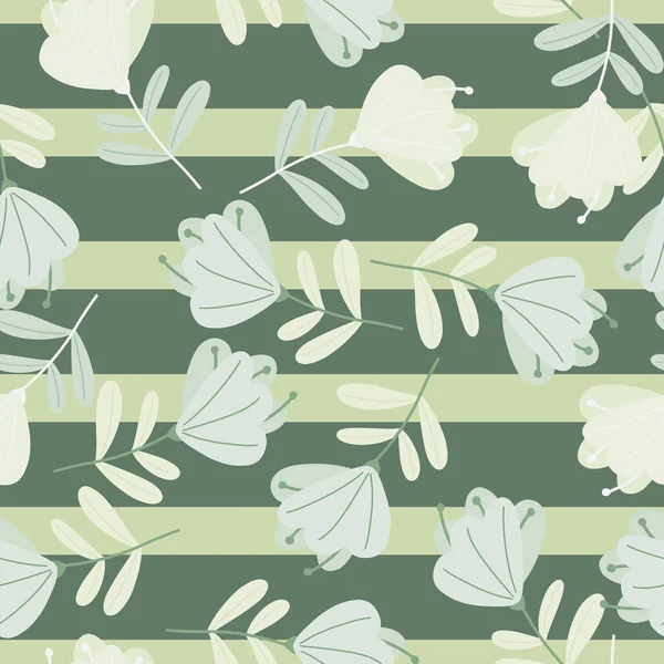 Abstrait Gribouiller Fleurs Botaniques Motif Sans Couture Fond Rayé Vert — Image vectorielle