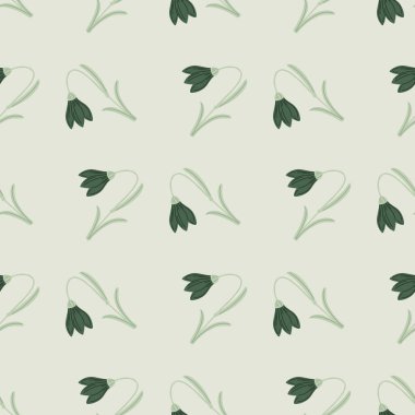 Soyut geometrik şekil, yeşil çan çiçekleri süslemesinde kusursuz desen. Gri arka plan. Tekstil, kumaş, hediye paketi, duvar kağıtları için düz vektör baskısı. Sonsuz illüstrasyon.