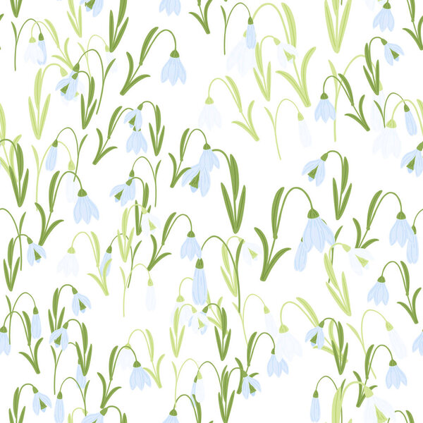 Isolated seamless nature pattern with green and blue colored bluebell elements. White background. Flat vector print for textile, fabric, giftwrap, wallpapers. Endless illustration.