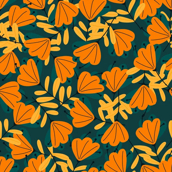 Estilo Outono Padrão Sem Costura Com Laranja Doodle Flores Formas — Vetor de Stock