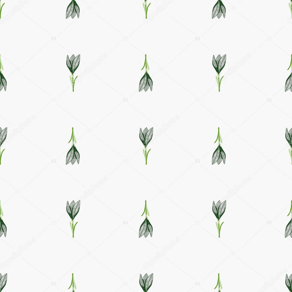 Spring seamless pattern with hand drwn vintage crocus flower silhouettes print. Light background. Graphic design for wrapping paper and fabric textures. Vector Illustration.