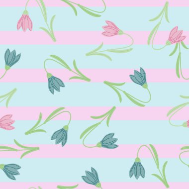 Mavi ve pembe hareBell süslemeli bahar mevsimi pürüzsüz deseni. Çizgili mavi ve pembe arka plan. Tekstil, kumaş, hediye paketi, duvar kağıtları için düz vektör baskısı. Sonsuz illüstrasyon.