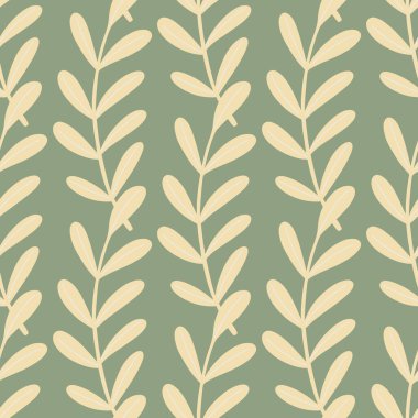 Açık bej yaprak dalları olan dekoratif, pürüzsüz desen. Açık yeşil arka plan. Çiçek izi. Kağıt ve kumaş dokuları için grafiksel tasarım. Vektör İllüstrasyonu.