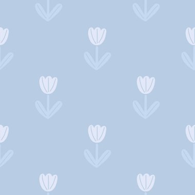 Basit çiçek şekilli, minimalist, pürüzsüz desen. Mavi ışık arka planı. Çiçekli sanat eserleri. Tekstil, kumaş, hediye paketi, duvar kağıtları için düz vektör baskısı. Sonsuz illüstrasyon.