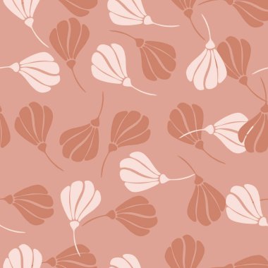 Gelişigüzel çiçek şekilli, kusursuz yaz şablonu. Bej ve beyaz renkli süs. Mevsimlik tekstil baskıları, kumaş, afişler, arkaplanlar ve duvar kağıtları için vektör illüstrasyonu.