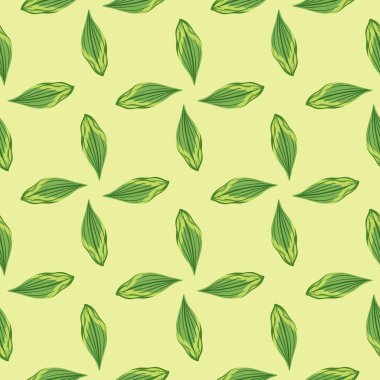 Geometrik stil, karalama stilinde yaprak izli, dikişsiz karalama deseni. Açık sarı arkaplan. Stok çizimi. Tekstil, kumaş, hediye paketi, duvar kağıtları için vektör tasarımı.