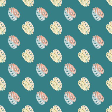 Pembe, mavi, sarı renkli canavar karalama tarzında kusursuz bir iz bırakır. Turkuaz arka plan. Stok çizimi. Tekstil, kumaş, hediye paketi, duvar kağıtları için vektör tasarımı.