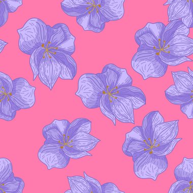 Parlak yaz çiçekleri, mavi çiçek elementlerinin süslediği rastgele desenler. Pembe arka plan. Kağıt ve kumaş dokuları için grafiksel tasarım. Vektör İllüstrasyonu.