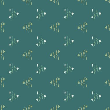 Doğa kusursuz desen ve karalama BlueBell elementleri baskısı. Turkuaz arka plan. Küçük elementler. Stok çizimi. Tekstil, kumaş, hediye paketi, duvar kağıtları için vektör tasarımı.