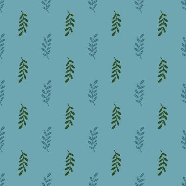 Yaprak dalları olan egzotik, pürüzsüz desen. Mavi arka plan. El yapımı vintage şekiller. Kağıt ve kumaş dokuları için grafiksel tasarım. Vektör İllüstrasyonu.
