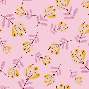 Turuncu renkli basit çiçek siluetleri pürüzsüz desenler. Leylak arkaplan. Bloom albüm arkaplanı. Stok çizimi. Tekstil, kumaş, hediye paketi, duvar kağıtları için vektör tasarımı.