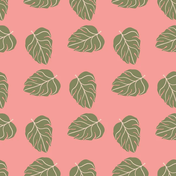Grünes Monstera Hinterlässt Nahtlose Muster Handgezeichneten Tropischen Stil Rosa Hintergrund — Stockvektor