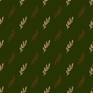 Bej ve kahverengi yaprak dalları siluetleri pürüzsüz desen oluşturur. Yeşil arka plan. Vintage fon. Kağıt ve kumaş dokuları için grafiksel tasarım. Vektör İllüstrasyonu.