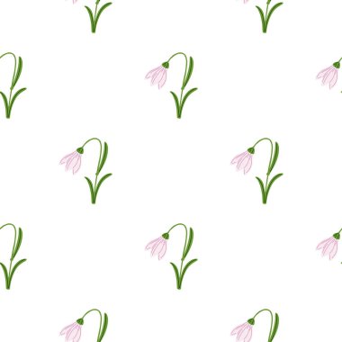 Pembe çan çiçekleri elementleriyle izole edilmiş çiçeksiz desen. Beyaz arka plan. Basit bir tarz. Tekstil, kumaş, hediye paketi, duvar kağıtları için düz vektör baskısı. Sonsuz illüstrasyon.