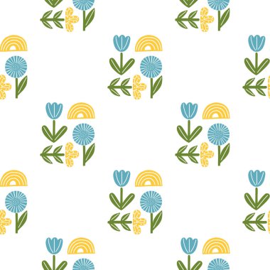 Çiçekler, gökkuşağı ve yapraklarla izole edilmiş kusursuz desen. Sarı, mavi ve yeşil renkli sanat eserleri. Tekstil, kumaş, hediye paketi, duvar kağıtları için düz vektör baskısı. Sonsuz illüstrasyon.