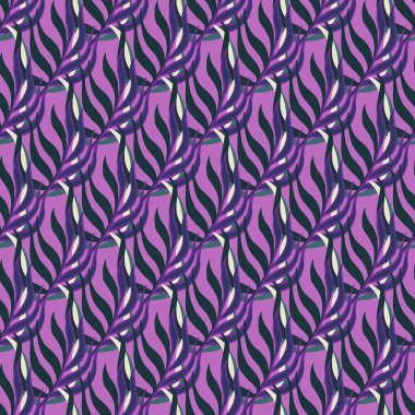Mor palet tropik yaprak dalları ile soyut, dikişsiz karalama deseni. Parlak yaratıcı tasarım. Tekstil, kumaş, hediye paketi, duvar kağıtları için düz vektör baskısı. Sonsuz illüstrasyon.