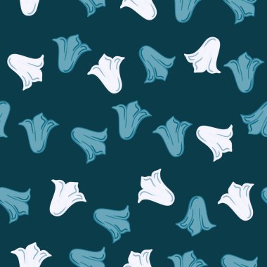 Gelişigüzel mavi ve beyaz lale tomurcukları olan çiçek desenli bitkisel çiçek deseni. Karanlık arka plan. Tekstil, kumaş, hediye paketi, duvar kağıtları için düz vektör baskısı. Sonsuz illüstrasyon.