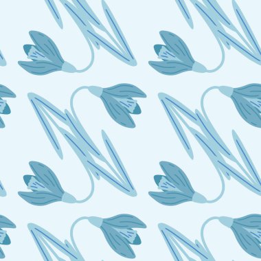 Klasik kardelen çiçek süsüyle kusursuz bir desen. Mavi palet çizimi. Mevsimlik tekstil baskıları, kumaş, afişler, arkaplanlar ve duvar kağıtları için vektör illüstrasyonu.