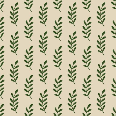 Basit yeşil yaprak dalları olan kusursuz botanik desenleri. Gri arka plan. Tropik bir süs. Kağıt ve kumaş dokuları için grafiksel tasarım. Vektör İllüstrasyonu.