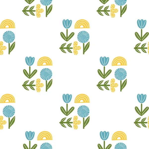 Çiçekler, gökkuşağı ve yapraklarla izole edilmiş kusursuz desen. Sarı, mavi ve yeşil renkli sanat eserleri. Tekstil, kumaş, hediye paketi, duvar kağıtları için düz vektör baskısı. Sonsuz illüstrasyon.