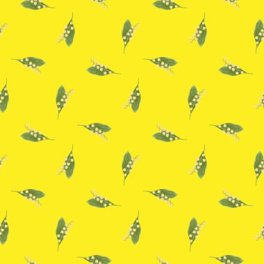 Soyut geometrik desenli, dikişsiz desenli, yeşil vadi süsü zambaklı. Sarı parlak arka plan. Kağıt ve kumaş dokuları için grafiksel tasarım. Vektör İllüstrasyonu.